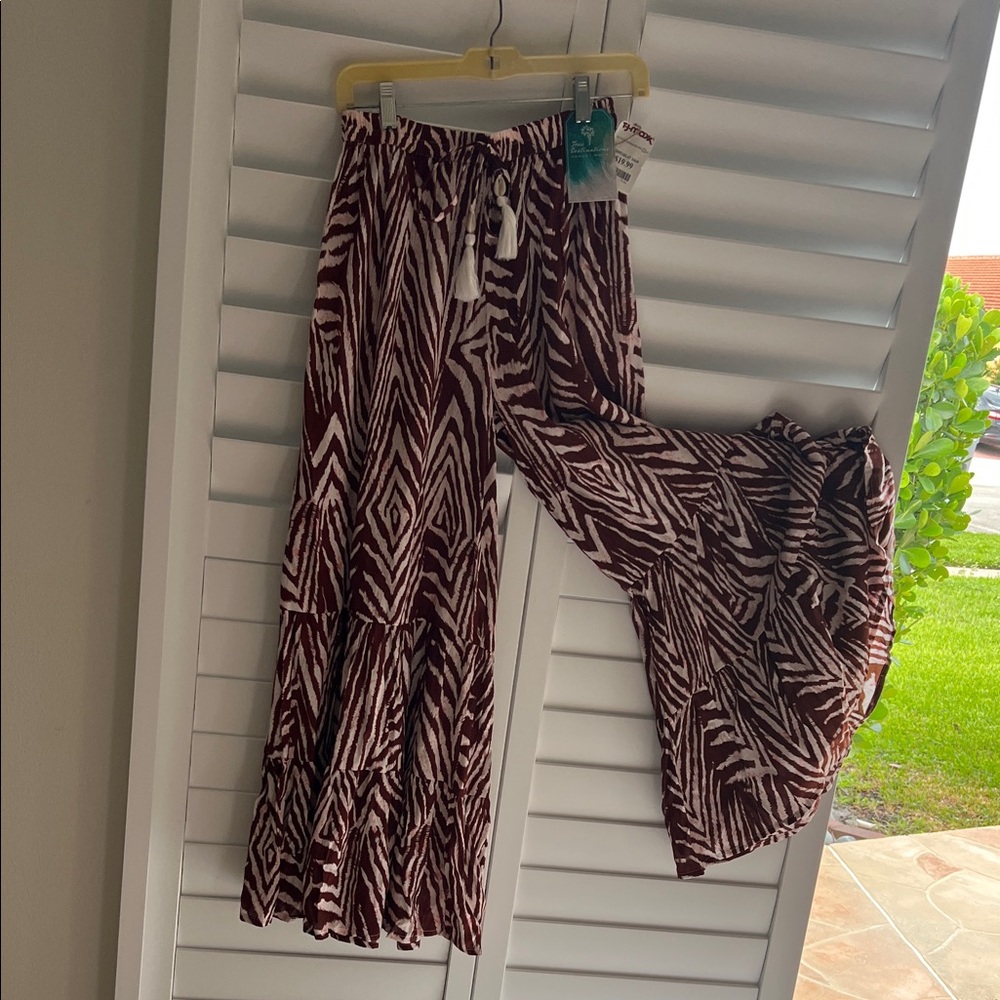 Brown and White Patterned Wide-Leg Pants
